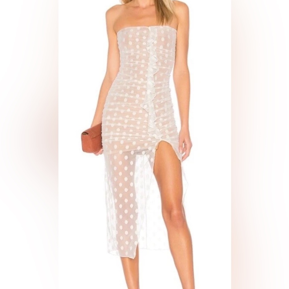 MAJORELLE Strapless Sheer Polka Dot Midi Dress in White